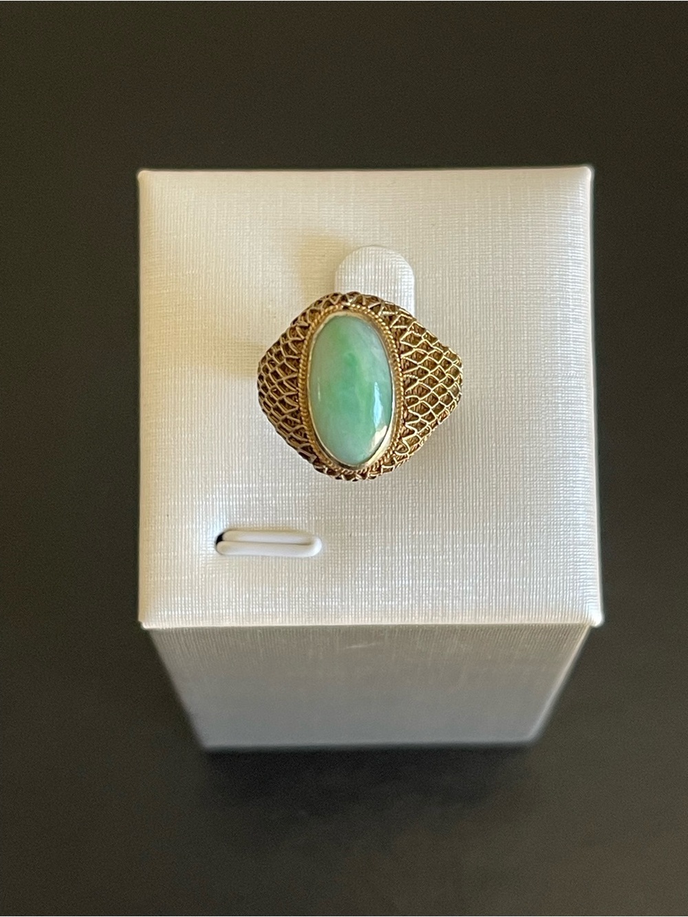 Vintage Chinese export gold over silver genuine green jade ring.